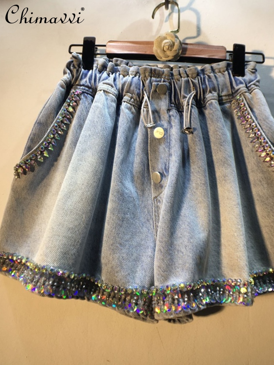 2022 Summer New Streetwear Exquisite Rhinestone Sequins Short Jeans Women&s Fashion High Waist Slimming Wide-Leg Denim Shorts